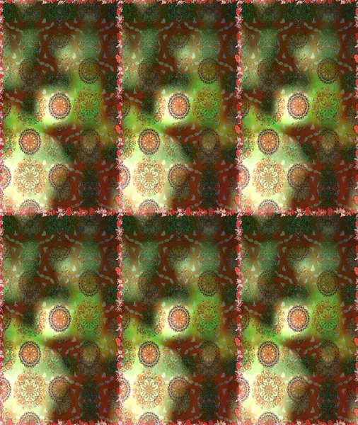 Kahverengi ve yeşil renkli Asya tekstili. Raster illüstrasyonu. Kusursuz çiçek deseni.