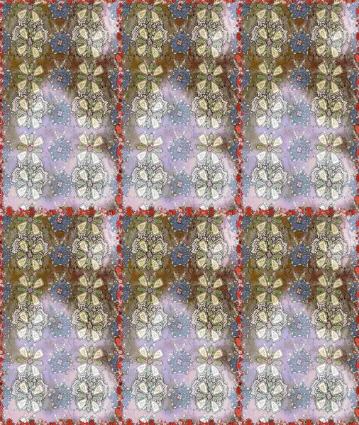 Raster illüstrasyonu. Kusursuz bir geçmişi var. Eski usul. Kumaş, tekstil, duvar kağıdı baskısı için. Renkli desenli kusursuz desen, nötr ve gri çiçekler ve dekoratif elementler..