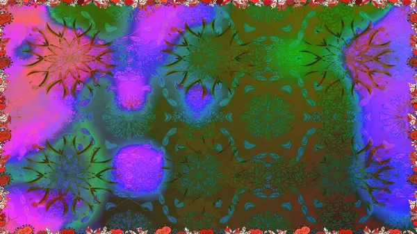 Yeşil ve mor renklerde. Küçük çiçekteki sevimli çiçek deseni. Raster illüstrasyonu. Soyut çiçek desensiz arkaplan. Raster deseni.