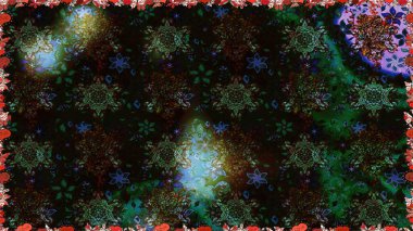 Siyah ve gri renkli Asya tekstili. Raster illüstrasyonu. Çiçeklerle suluboya desenleri.