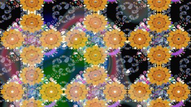 Raster illüstrasyonu. Sarı renkli Asya tekstili. Suluboya çiçekli çiçek deseni.