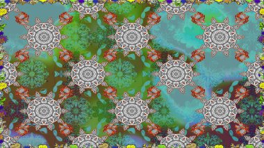 Yeşil ve mavi arka planda. Tekstil, kumaş, ambalaj, hatıra defteri için hoş bir çiçek arkaplanı. El çizimi çiçekli, pürüzsüz bir desen. Çocuksu tasarım.