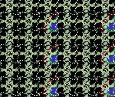 El çizimi çiçek unsurları olan soyut çizim raster deseni. Siyah, nötr ve yeşil üzerine siyah, yeşil. 1950-1960 motifleri. Çiçekli ipek eşarp. Retro tekstil tasarım koleksiyonu.