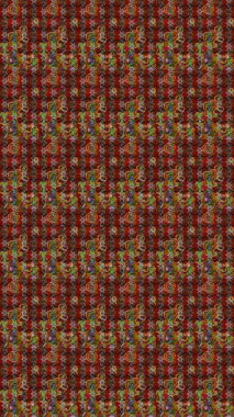 Kumaş desenli papatya çiçeği detayı. Kahverengi, kırmızı ve nötr renkte çiçekler.