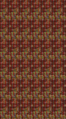 Kumaş desenli papatya çiçeği detayı. Kahverengi, kırmızı ve nötr renkte çiçekler.