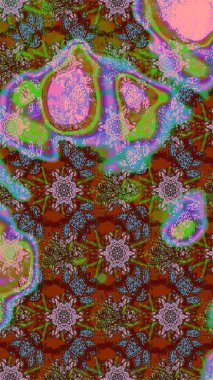 Raster illüstrasyonu. Küçük çiçekli basit bir çiçek çizimi. Moda baskısı, albüm, ambalaj kağıdı ve duvar kağıdı için zarif dekoratif süslemeler. Kahverengi, yeşil ve kırmızı renkte şirin çiçekler..