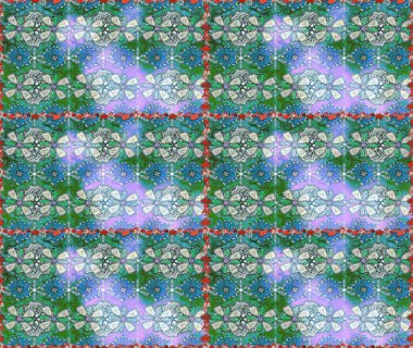 Raster Floral Illustration, Asyalı tekstil. Mavi ve yeşil renklerde etnik çiçeklerle kusursuz bir desen..