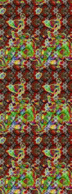 Tekstil için suluboya eskiz deseni. Şirin çiçekli, desenli, kahverengi, yeşil ve kırmızı renkli bir eskiz deseni. El çizimi çiçek çizimi deseni (fayans)).