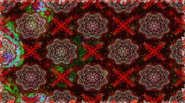 Raster illüstrasyonu. Raster illüstrasyonu. Asya tekstil tarzında. Kusursuz çiçek deseni. Kahverengi ve kırmızı renkte çiçekler.