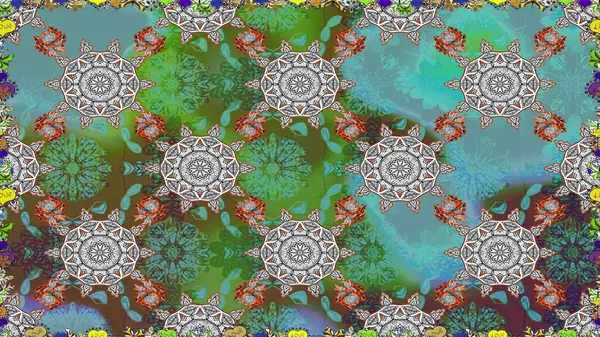 Yeşil ve mavi arka planda. Tekstil, kumaş, ambalaj, hatıra defteri için hoş bir çiçek arkaplanı. El çizimi çiçekli, pürüzsüz bir desen. Çocuksu tasarım.