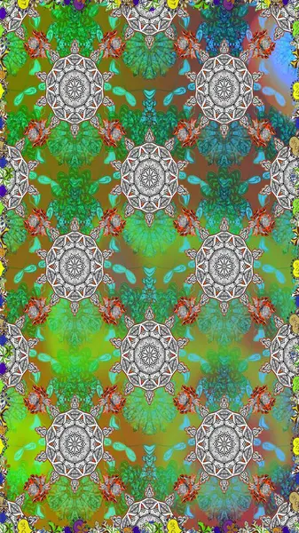 Renkli Bahar Temalı Kusursuz Arkaplan. Güzel kumaş deseni. Düz Çiçek Elementleri Tasarımı. Raster illüstrasyonu. Karalama çiçeği. Zentangle soyut çiçekleri.