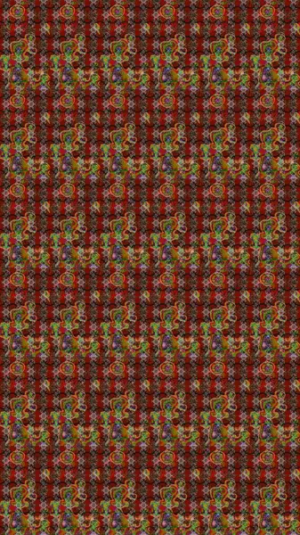 Kumaş desenli papatya çiçeği detayı. Kahverengi, kırmızı ve nötr renkte çiçekler.