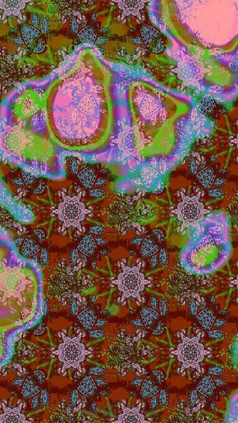 Raster illüstrasyonu. Küçük çiçekli basit bir çiçek çizimi. Moda baskısı, albüm, ambalaj kağıdı ve duvar kağıdı için zarif dekoratif süslemeler. Kahverengi, yeşil ve kırmızı renkte şirin çiçekler..