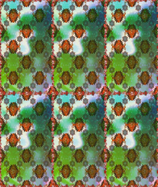 Çiçekler. Soyut etnik raster kusursuz desen. Vadinin çiçekleri yeşil ve kahverengi renklerde.