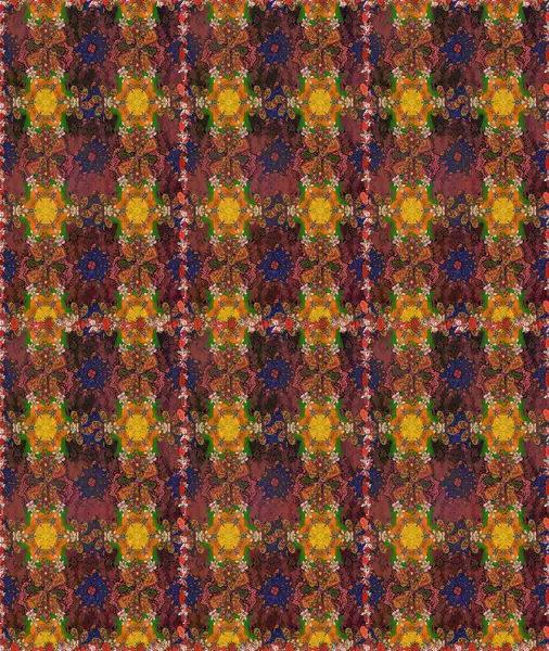 Raster geleneksel halk çiçekleri kahverengi ve turuncu renkli tekstil tasarımları için. Çiçeksiz desenli nakış işlemeli gelincikler ve vadi zambaklarıyla.