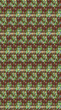 Çok yeşil, kahverengi ve nötr küçük çiçekler ve yeşil, kahverengi ve nötr renklerdeki komik böcekler, raster deseni, illüstrasyon.