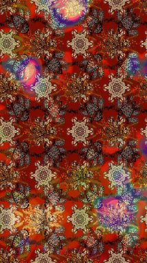 Kabile sanatı boho baskısı, klasik çiçek arkaplanı. Soyut etnik raster çizim kalıbı. Arkaplan dokusu, duvar kağıdı, kahverengi, kırmızı ve bej renkli çiçek teması.