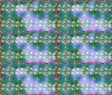 Raster Floral Illustration, Asyalı tekstil. Mavi ve yeşil renklerde etnik çiçeklerle kusursuz bir desen..