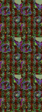 Raster illüstrasyonu. Eski usul. Eskiz geçmişi. Kumaş, tekstil, duvar kağıdı baskısı için. Renkli desenli eskiz deseni, yeşil, kırmızı ve gri çiçekler ve dekoratif elementler.