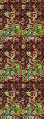 Tekstil için suluboya eskiz deseni. Şirin çiçekli, desenli, kahverengi, yeşil ve kırmızı renkli bir eskiz deseni. El çizimi çiçek çizimi deseni (fayans)).