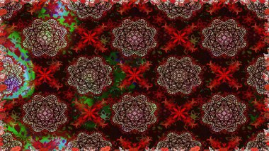 Raster illüstrasyonu. Raster illüstrasyonu. Asya tekstil tarzında. Kusursuz çiçek deseni. Kahverengi ve kırmızı renkte çiçekler.