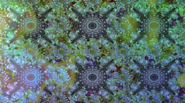 Raster illüstrasyonu. Güzel kumaş deseni. Raster illüstrasyonunda kusursuz çiçek deseni. Yeşil ve mavi renklerde.