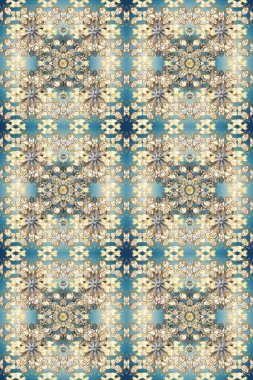 Tekrarlayan elementlerle soyut arkaplan oluşturun. Raster illüstrasyonu. Kusursuz damaske klasik altın desen. Bej, nötr ve mavi renklerde altın sarısı elementlerle altın pürüzsüz desen.