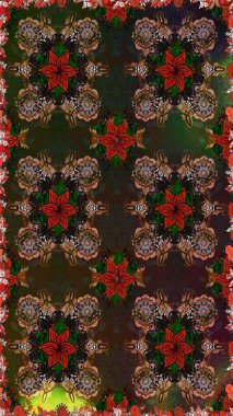 Düz Çiçek Elementleri Tasarımı. Asya tekstil tarzında. Renkli Bahar Temalı Kusursuz Arkaplan. Raster illüstrasyonu. Kusursuz çiçek deseni. Kahverengi ve gri renkte çiçekler.