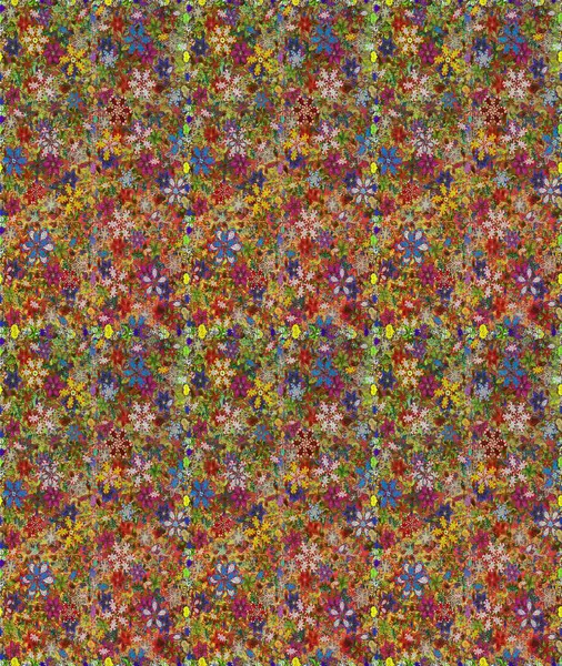 Kusursuz bir arka plan modeli. Yapraklı çiçekler ve kahverengi ve yeşil renklerde papatya çiçekleri. Raster - stok.