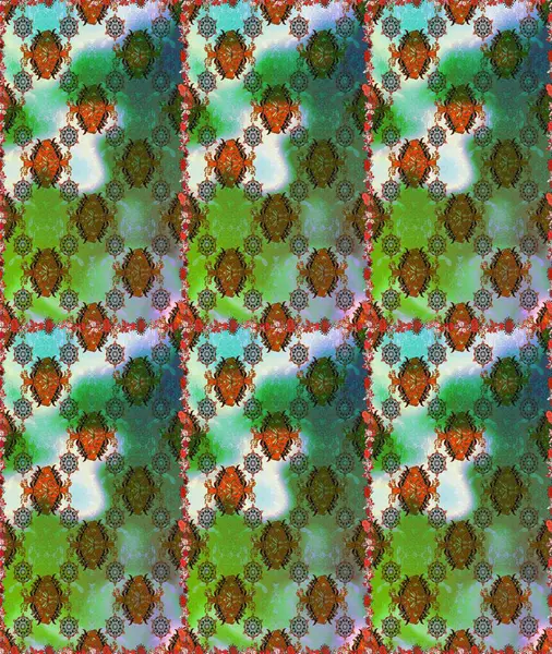 Çiçekler. Soyut etnik raster kusursuz desen. Vadinin çiçekleri yeşil ve kahverengi renklerde.