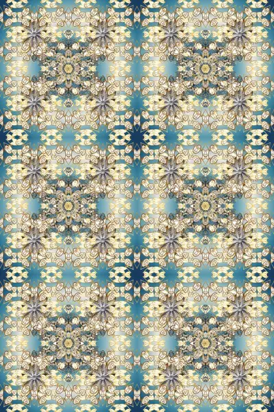 Tekrarlayan elementlerle soyut arkaplan oluşturun. Raster illüstrasyonu. Kusursuz damaske klasik altın desen. Bej, nötr ve mavi renklerde altın sarısı elementlerle altın pürüzsüz desen.