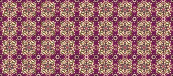 Klasik klasik klasik arka plan. Mor, bej ve kahverengi renklerde altın elementlerle kusursuz desen. Klasik raster sarısı, kusursuz desen. Geleneksel oryantasyon süsü.