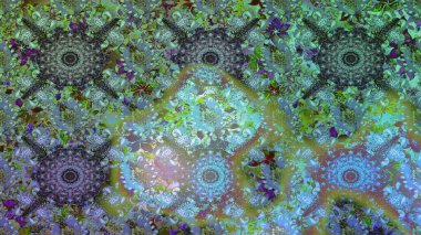 Yeşil ve mavi renklerde etnik çiçeklerle kusursuz bir desen. Asya Tekstil 'inde Raster Çiçek İllüstrasyonu.