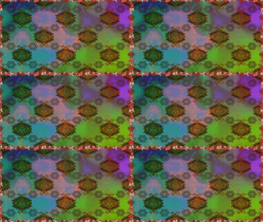 Elle çizilmiş çiçek deseni (fayans). Tekstil için dikişsiz suluboya desen. Sevimli çiçekler, desenli, yeşil ve kahverengi renklerle renksiz desen..