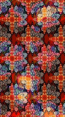 Raster illüstrasyonu. Güzel kumaş deseni. Çiçek desenli çizim. Asya tekstil tarzında. Düz Çiçek Elementleri Tasarımı. Renkli Bahar Teması çizim şablonu.