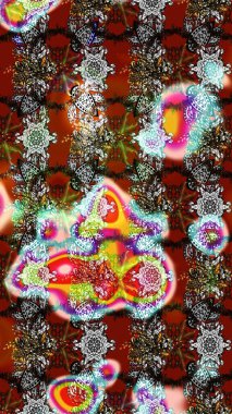 Kahverengi, gri ve kırmızı arka planda. Çocuksu tasarım. Tekstil, kumaş, ambalaj, hatıra defteri için hoş bir çiçek arkaplanı. Elle çizilmiş karalama çiçekleri ile Raster çizim deseni.