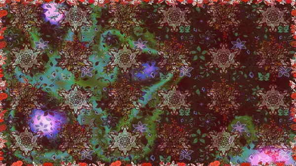 Renkli Bahar Temalı Kusursuz Arkaplan. Güzel kumaş deseni. Zentangle soyut çiçekleri. Düz Çiçek Elementleri Tasarımı. Raster illüstrasyonu. Çiçek tozu..