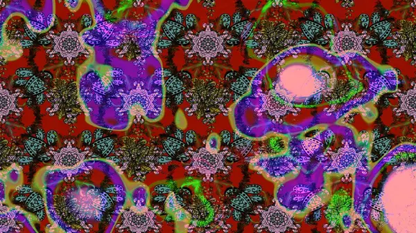 Küçük çiçekte hoş bir çiçek deseni var. Parlak çiçekli kahverengi, kırmızı ve yeşil renkler üzerinde soyut çizim deseni. Çiçek elementli zarif raster dokusu..