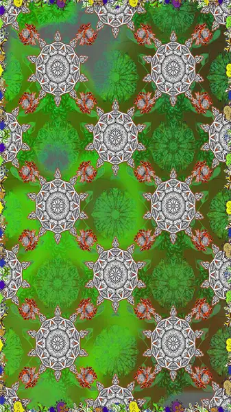 Yeşil ve gri renkte çiçekler. Renkli Bahar Temalı, dikdörtgen desenli arka plan. Çiçekli, suluboya desenli kusursuz çiçek deseni. Düz Çiçek Elementleri Tasarım Raster illüstrasyonu.