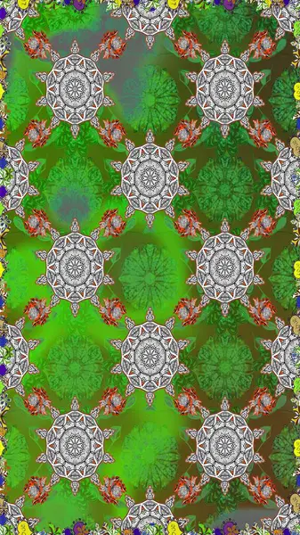 Yeşil ve gri renkte çiçekler. Renkli Bahar Temalı, dikdörtgen desenli arka plan. Çiçekli, suluboya desenli kusursuz çiçek deseni. Düz Çiçek Elementleri Tasarım Raster illüstrasyonu.