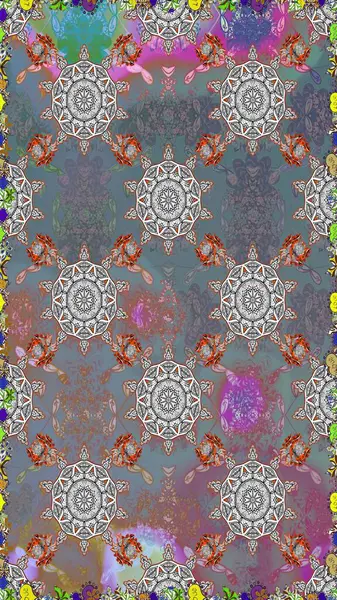 Raster Illustrasyon 'da moda olmayan çiçek deseni. Renkli Yaz Temalı Kusursuz Arkaplan. Düz Çiçek Elementleri Tasarımı. Gri ve nötr renkte çiçekler.