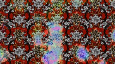 Renkli Bahar Teması eskiz kalıbı. Asya tekstil tarzında. Düz Çiçek Elementleri Tasarımı. Çiçek desenli çizim. Raster illüstrasyonu. Gri, kahverengi ve kırmızı renkte çiçekler.