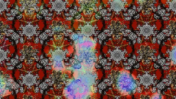 Renkli Bahar Teması eskiz kalıbı. Asya tekstil tarzında. Düz Çiçek Elementleri Tasarımı. Çiçek desenli çizim. Raster illüstrasyonu. Gri, kahverengi ve kırmızı renkte çiçekler.