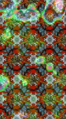 Raster illüstrasyonu. Çiçekler kahverengi, yeşil ve mavi renklerde. Tropikal çizim çiçek deseni.