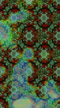 Soyut etnik raster çizim kalıbı. Kabile sanatı boho baskısı, klasik çiçek arkaplanı. Arkaplan dokusu, duvar kağıdı, çiçek teması yeşil, kahverengi ve gri renkler.