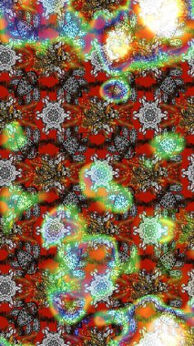 Asya tekstil tarzında. Gri, kahverengi ve yeşil renkli çiçekler. Raster illüstrasyonu. Çiçek desenli çizim. Raster illüstrasyonu.