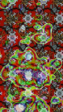 Raster Çiçek İllüstrasyonu 'nun şirin tekstili. Kırmızı, kahverengi ve yeşil renkli etnik çiçeklerle zarif bir eskiz deseni..