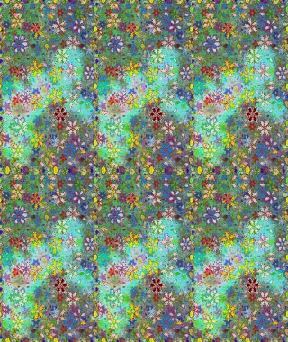 Raster illüstrasyonu. Kusursuz bir geçmişi var. Kumaş, tekstil, duvar kağıdı baskısı için. Renkli desenli kusursuz desen, yeşil ve mavi çiçekler ve dekoratif elementler. Antika retro tarzı.