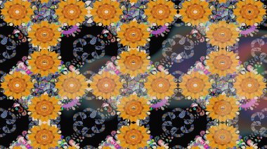 Raster çiçek desenli çiçek deseni, yapraklar, dekoratif elementler, sıçrama, lekeler, el çizimi kontur çizgileri ve Doodle çizim stili, grafik raster çizim çizimi.