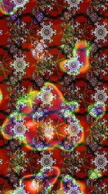 Kahverengi, kırmızı ve siyah renkli bitkilerden oluşan parlak çiçekli çizim deseni.